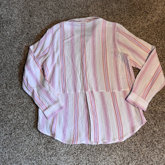 NWT Lucky Brand Cotton Gauze Pink Striped Shirt- M - Picture 2 of 7